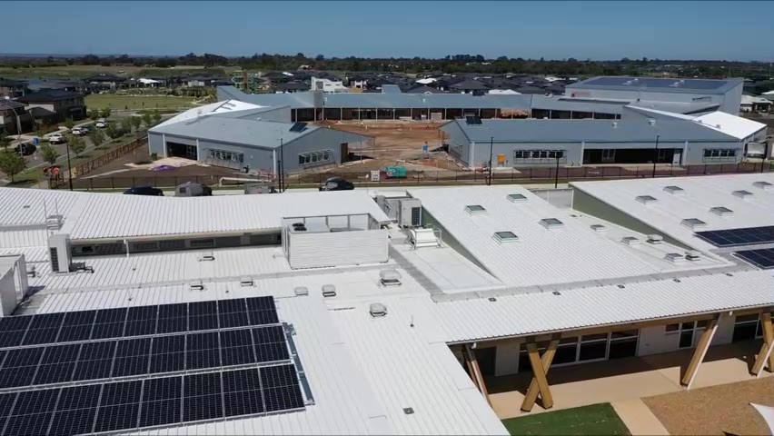 Wide drone view of the Elliston Community Centre roofs in Clyde
