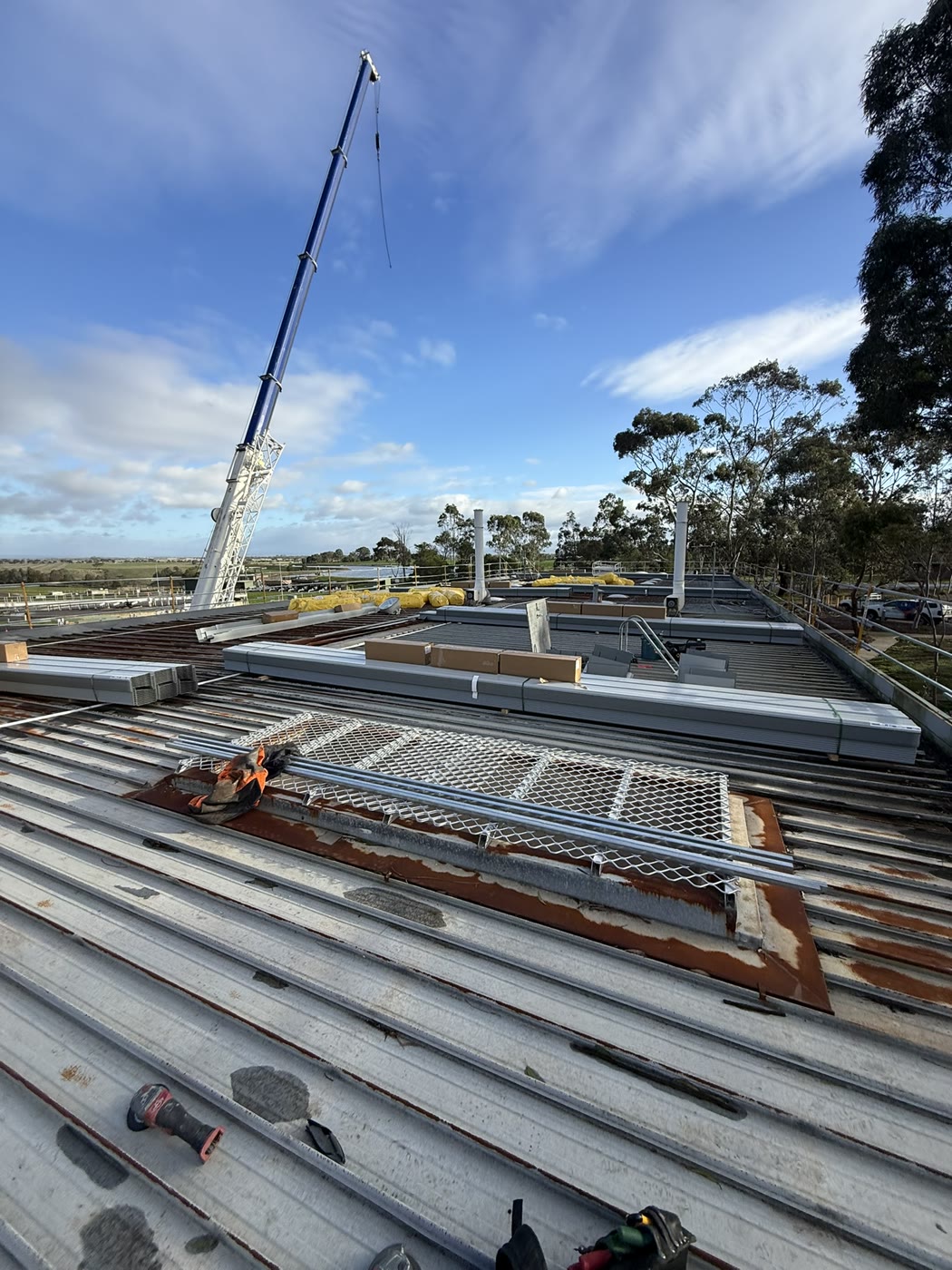 New purlins and roof safety mesh craned into position at Melton